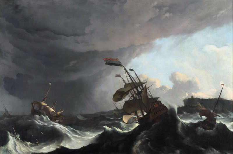 Oil painting by Ludolf Backhuysen depicting warships battling in a stormy sea