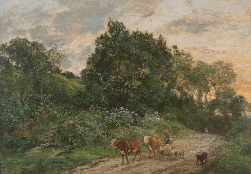 La rentrée du troupeau de Eugène Boudin, óleo de um pastor guiando seu rebanho em uma paisagem.