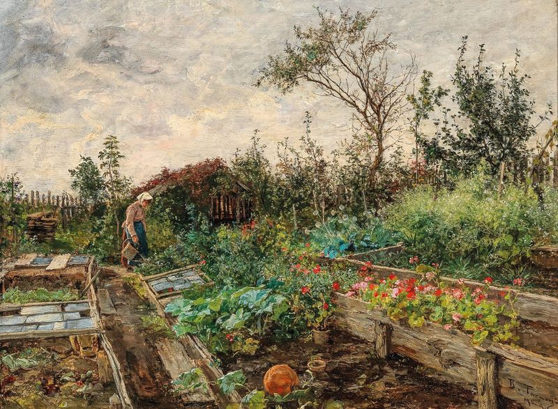 In the Farmhouse Garden, oil on canvas by Bertha von Tarnoczy, featuring a woman in a garden.
