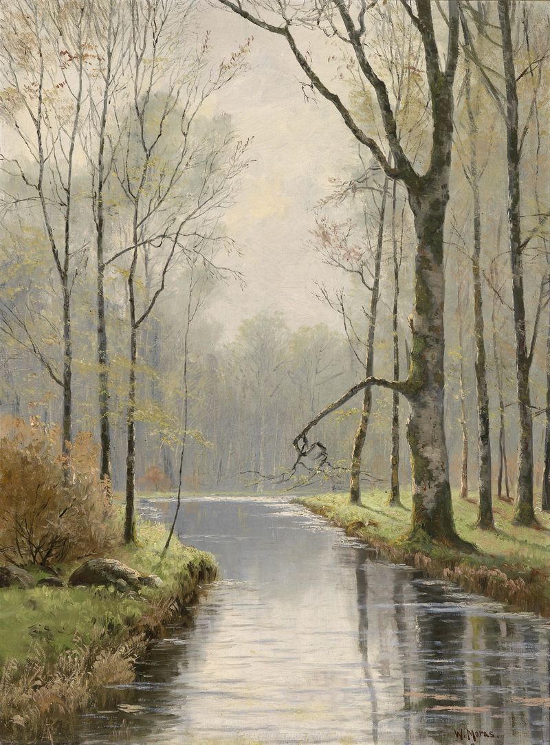 Landscape with a solitary figure among trees, oil painting by Walter Moras