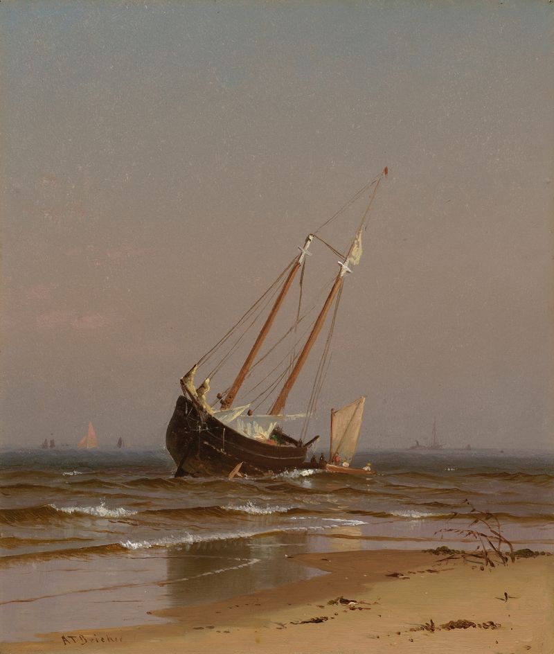 Seascape, Beached Boat de Alfred Thompson Bricher, óleo de um barco encalhado na praia.