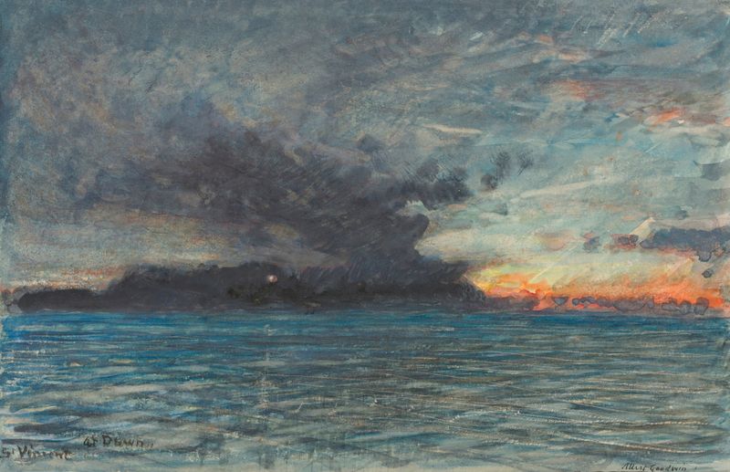 Watercolour by Albert Goodwin depicting a tranquil landscape at dawn with golden light.