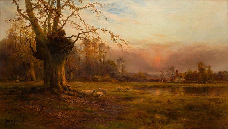 Marine scene with crashing waves and sunset, oil painting by Alfred de Bréanski