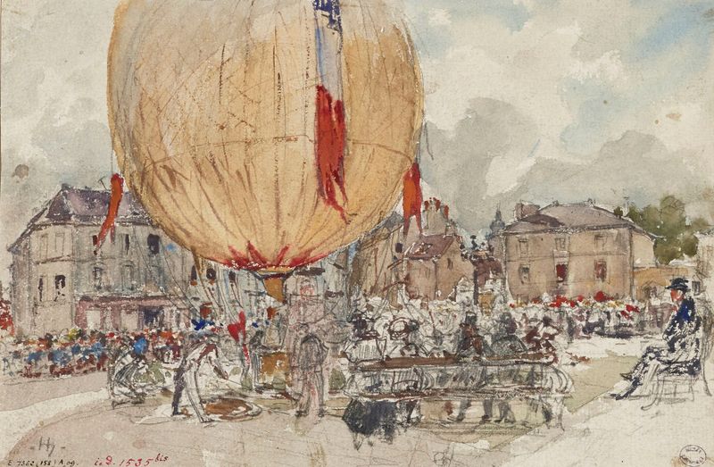 Lancement d’une montgolfière, oil on canvas by Frédéric Houbron, featuring a colorful hot air balloon in the sky.