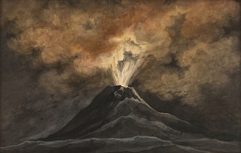An erupting volcano at night, oil on canvas by David Humbert de Superville