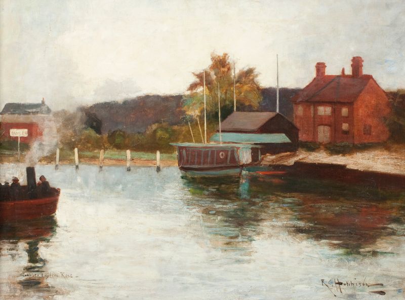 Dois homens pescando em um rio em uma pintura a óleo de Robert Gemmell Hutchison