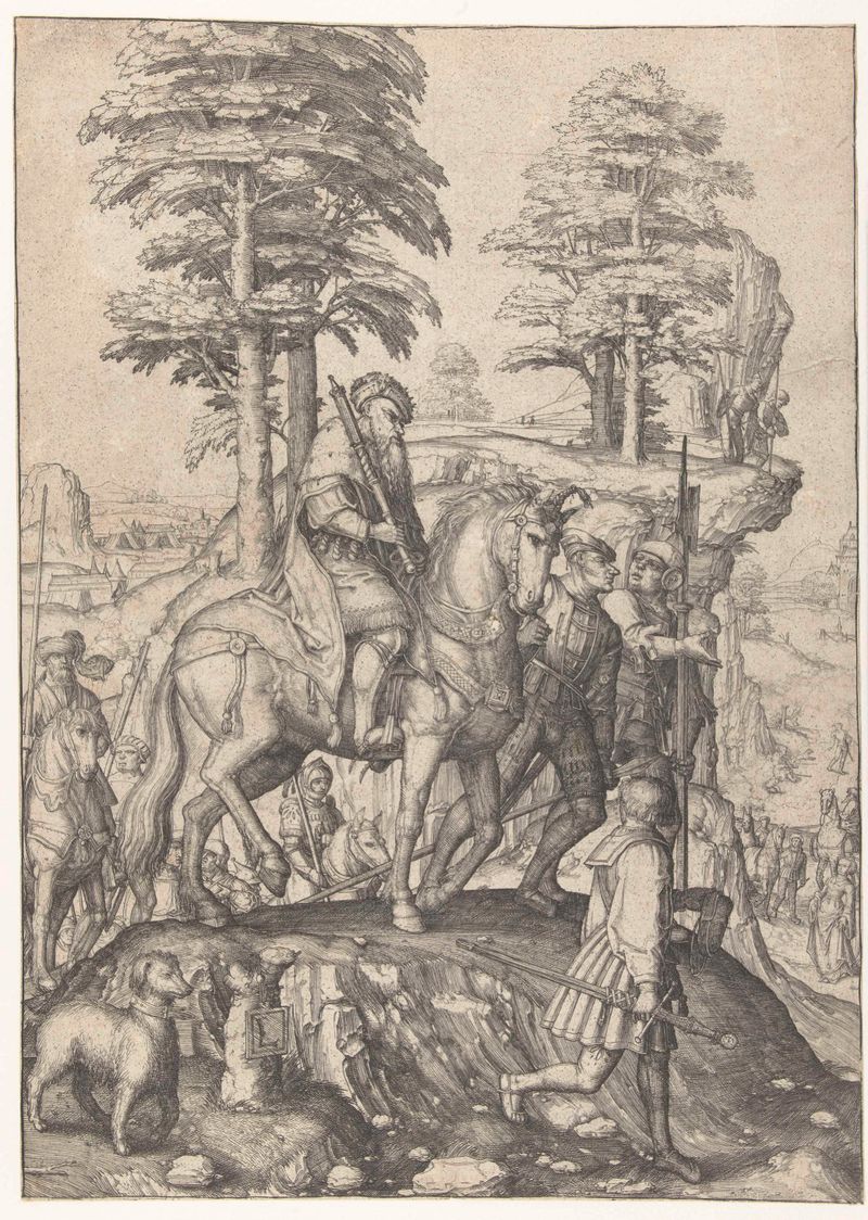 Grabado de Lucas van Leyden que representa a David y Abigaïl con emociones intensas.