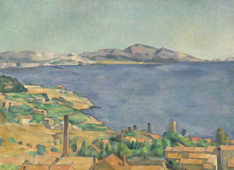 O Golfo de Marselha visto de L’Estaque por Paul Cezanne, pintura a óleo que retrata uma paisagem costeira.