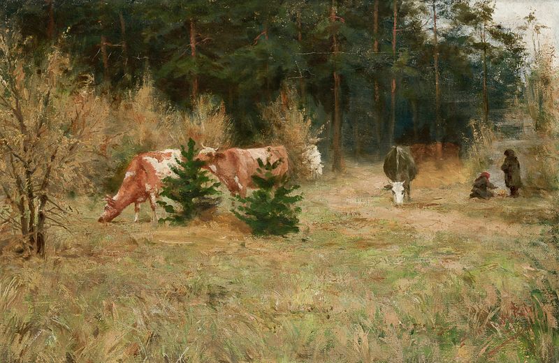 Cows near a forest, realismo de Maria Chmielowska