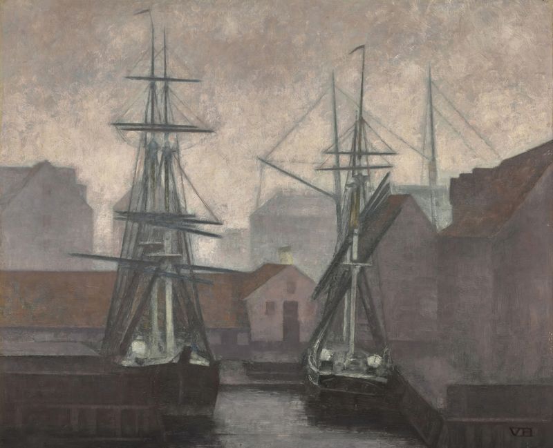 Cena marinha no Greenland Trade Wharf em Copenhague por Vilhelm Hammershøi, pintura a óleo