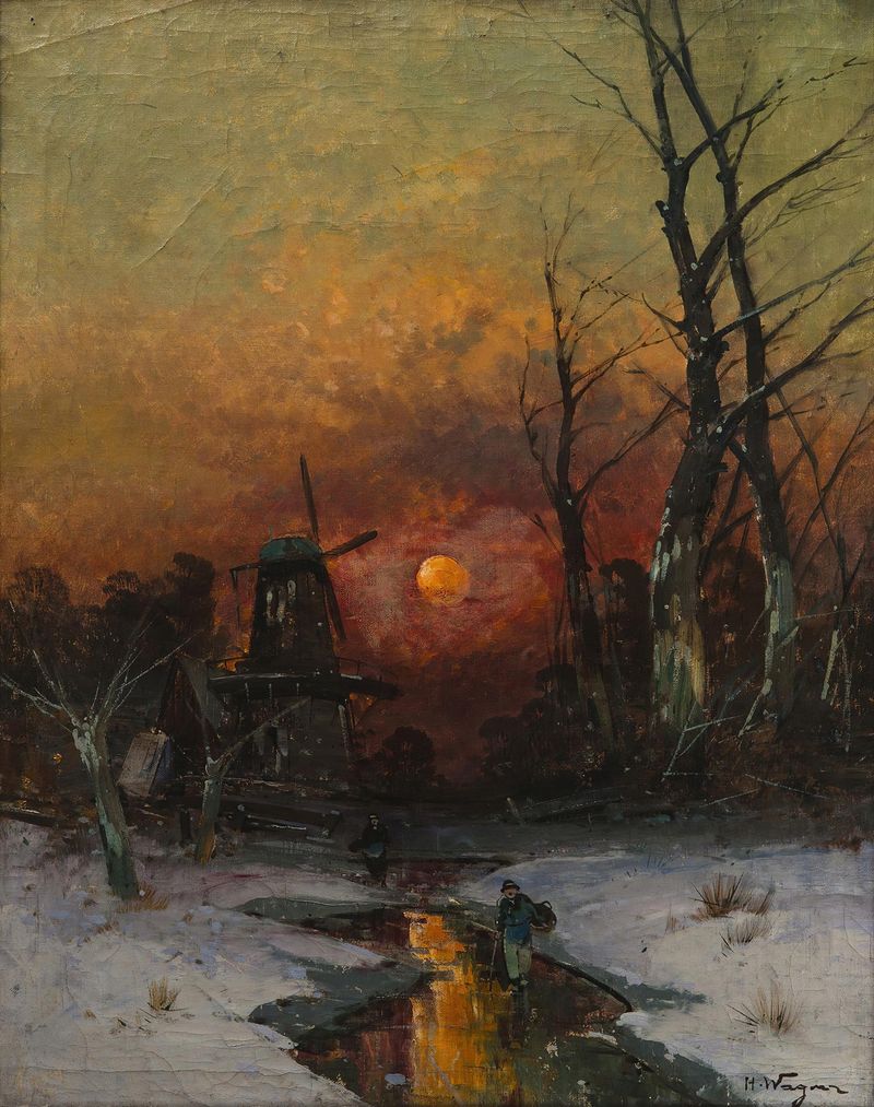 Winter landscape at sunset by Georg Fischhof, featuring snow and golden light.
