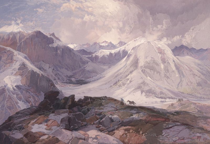 Pintura a óleo de Thomas Moran retratando as Montanhas Rochosas com um céu vibrante.