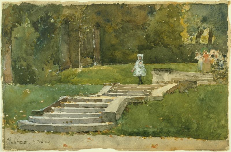 Saint-Cloud de Childe Hassam, óleo sobre lienzo que representa un paisaje sereno con un cielo vibrante.