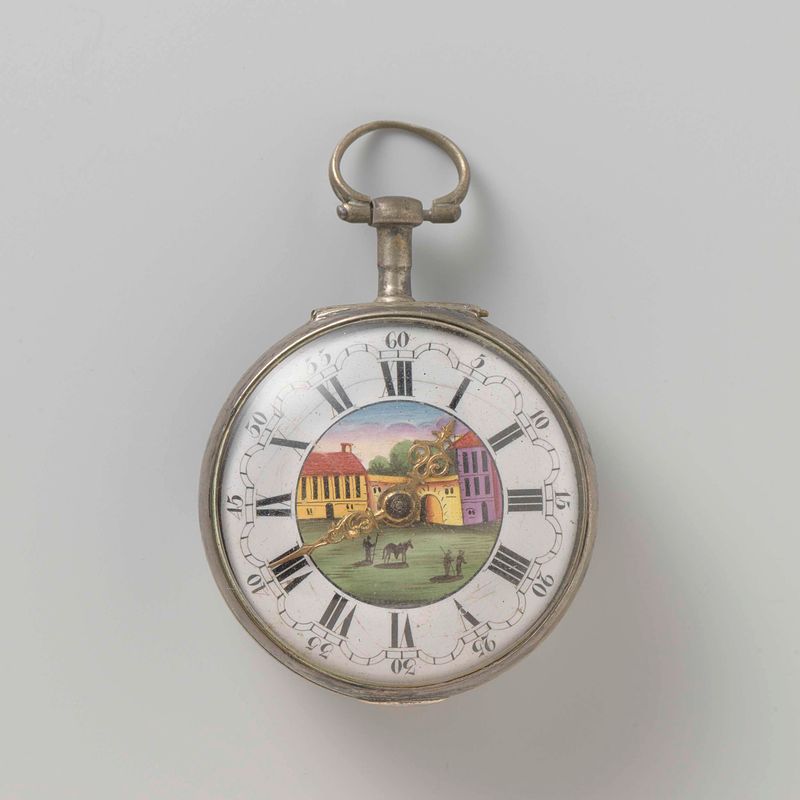 Herenhorloge de Joseph Fly, arte decorativo en metal con un intrincado reloj de arena.