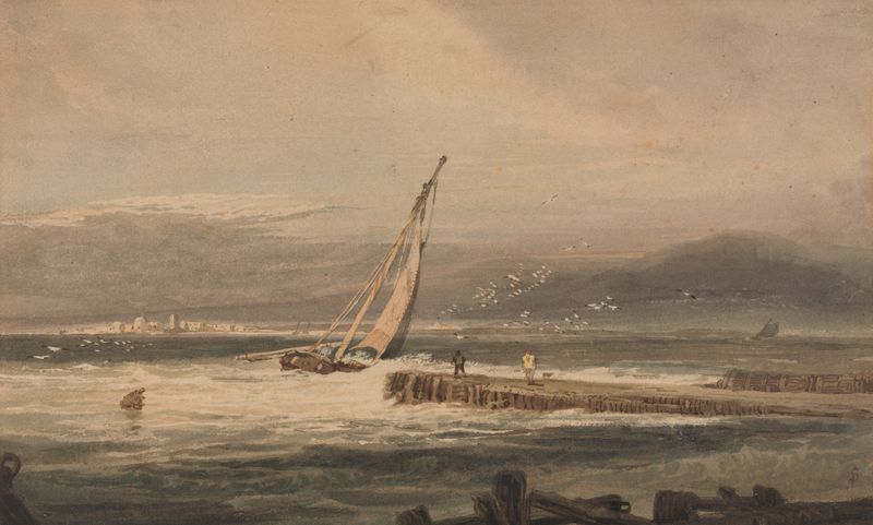 aquarela de Samuel Prout mostrando barcos balançando em ondas turbulentas