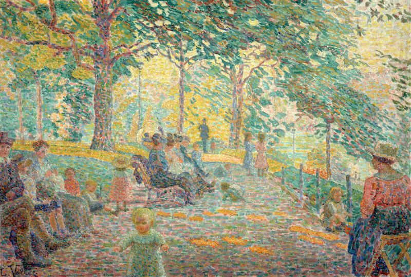 L’Après-midi au parc Montsouris de Ludovic Vallée, óleo sobre tela com figuras em um parque ensolarado.