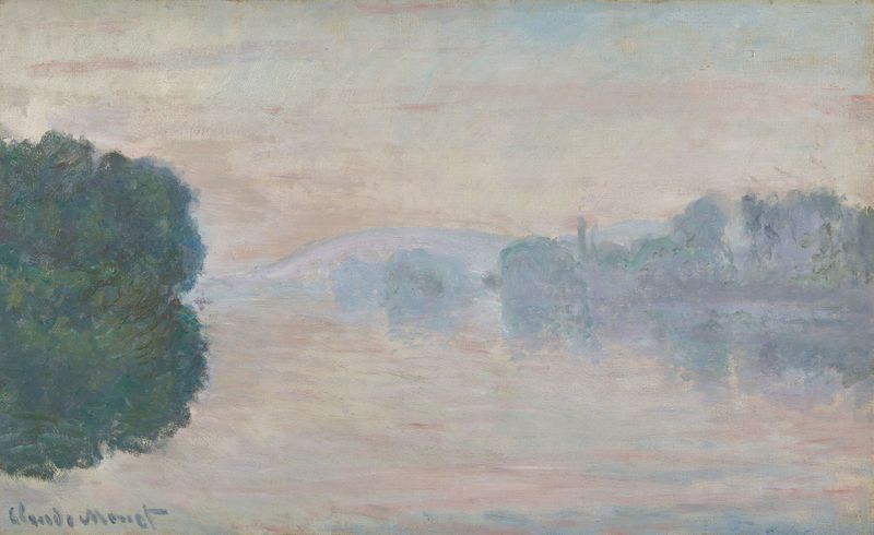 La Seine dans la brume de Claude Monet, pintura a óleo que representa uma paisagem fluvial nevoenta