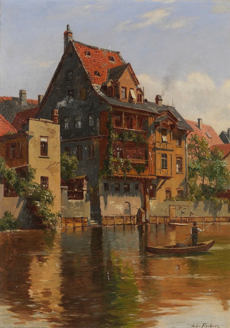 Paisagem dos telhados de Nuremberg ao pôr do sol por August Fischer, pintura a óleo