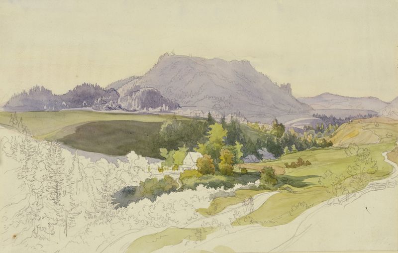 Paisagem com colinas e céu radiante, óleo sobre tela de Ernst Welker