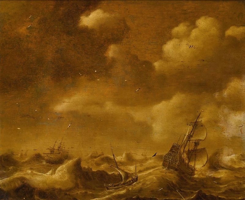 Shipping in a storm, oil on canvas by Hendrick van Anthonissen, depicting a ship battling turbulent waves.