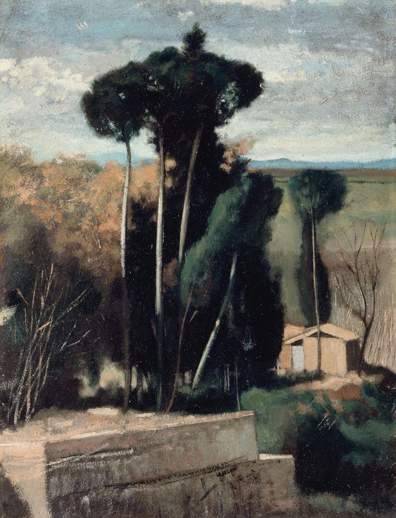 Oil painting by Jean-Jacques Henner depicting lush hills and a tranquil lake.