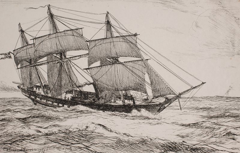 Marine scene with a war sloop and stormy sky by Emanuel Larsen, oil painting