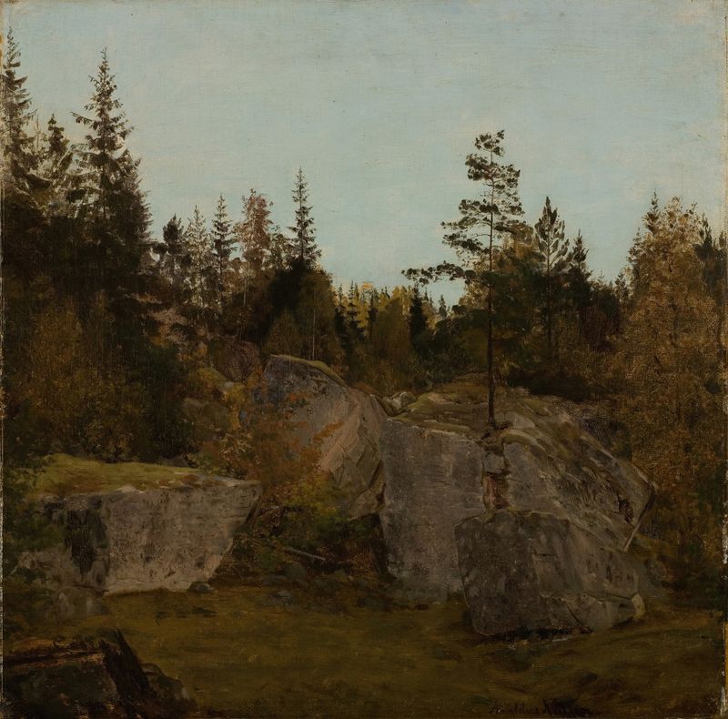Paisaje del Romanticismo de Amaldus Nielsen, con colores vibrantes y formas en espiral.