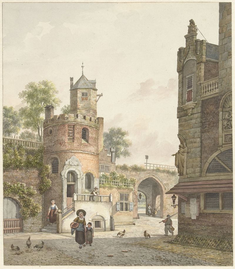 Architecture of a city wall and tower by Jan Hendrik Verheijen, oil painting