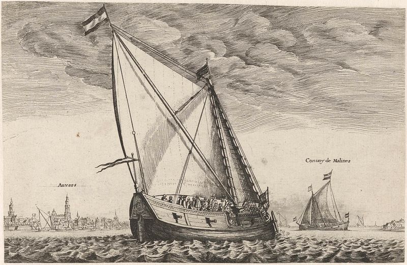 Gravura de Unknown Artist representando o rio Schelde perto de Antuérpia