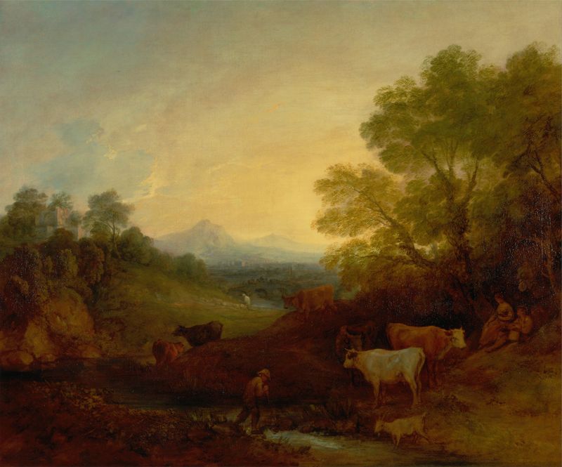 Landscape with Cattle de Thomas Gainsborough, pintura a óleo retratando gado em um pasto exuberante.