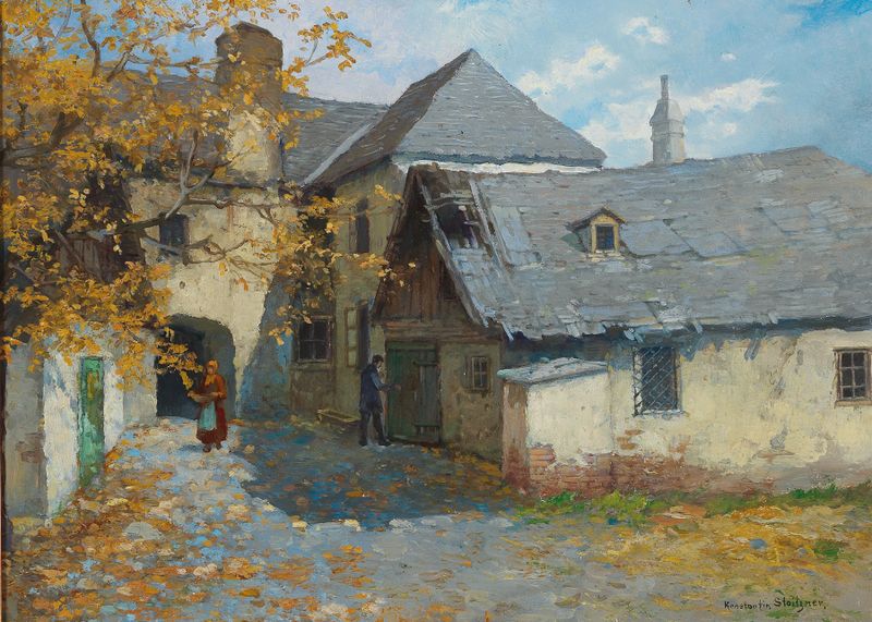 An old courtyard in Sievering, realism, by Konstantin Stoitzner
