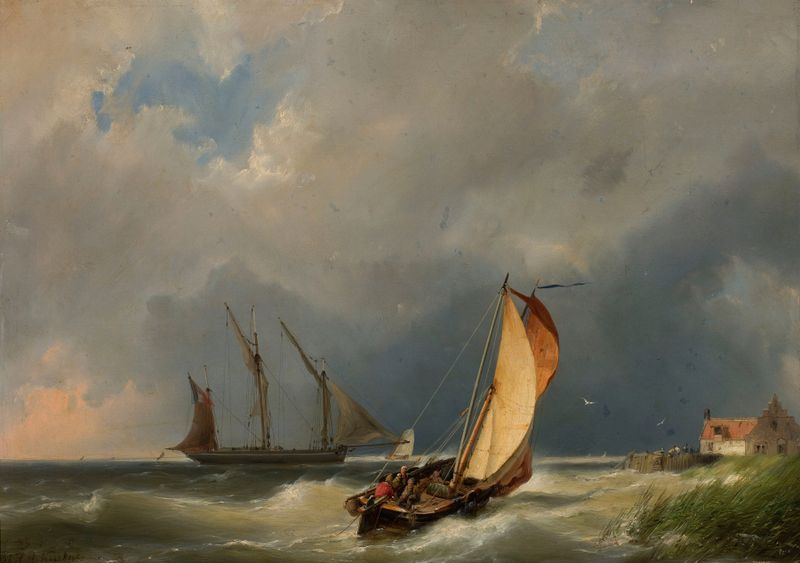 Barcos à vela no mar, óleo sobre tela de Johannes Hermanus Barend Koekkoek