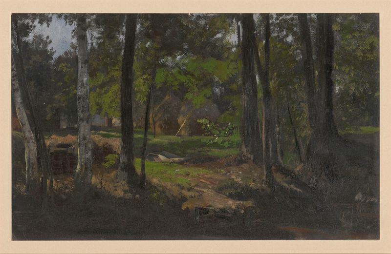 Haystacks among trees in Spreewald de Adolf Dressler, pintura a óleo que retrata uma paisagem serena.