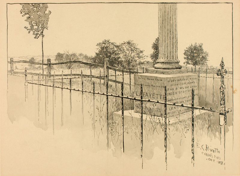 Chadd’s Ford de Ernest Peixotto, óleo sobre lienzo que representa una figura solitaria en la orilla del agua.