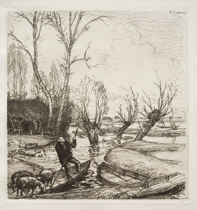 Gravura de Auguste Louis Lepère retratando uma pastora em uma paisagem inundada