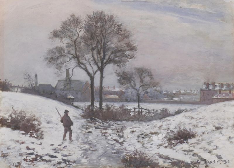 Paisaje invernal con una figura en un camino de nieve, óleo sobre lienzo de Camille Pissarro