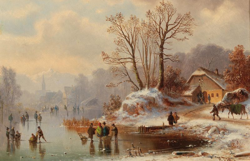 Paisagem com um lago sereno e floresta de Anton Doll, pintura a óleo