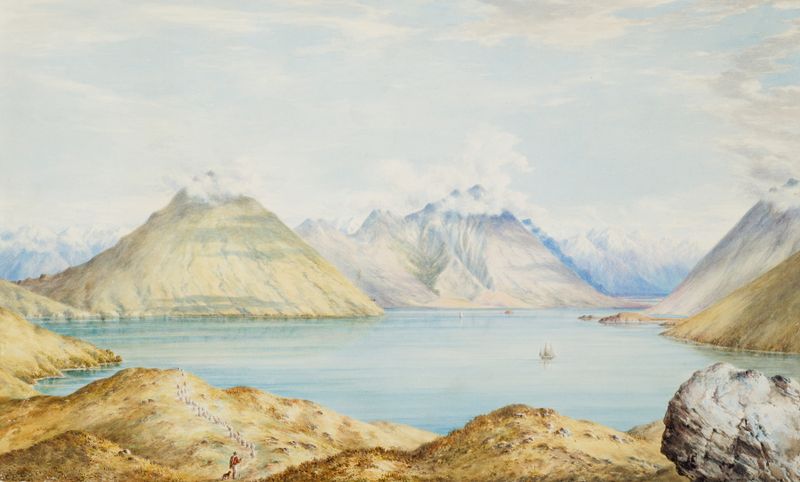 Oil painting by Charles Decimus Barraud featuring rolling hills and a tranquil sky.
