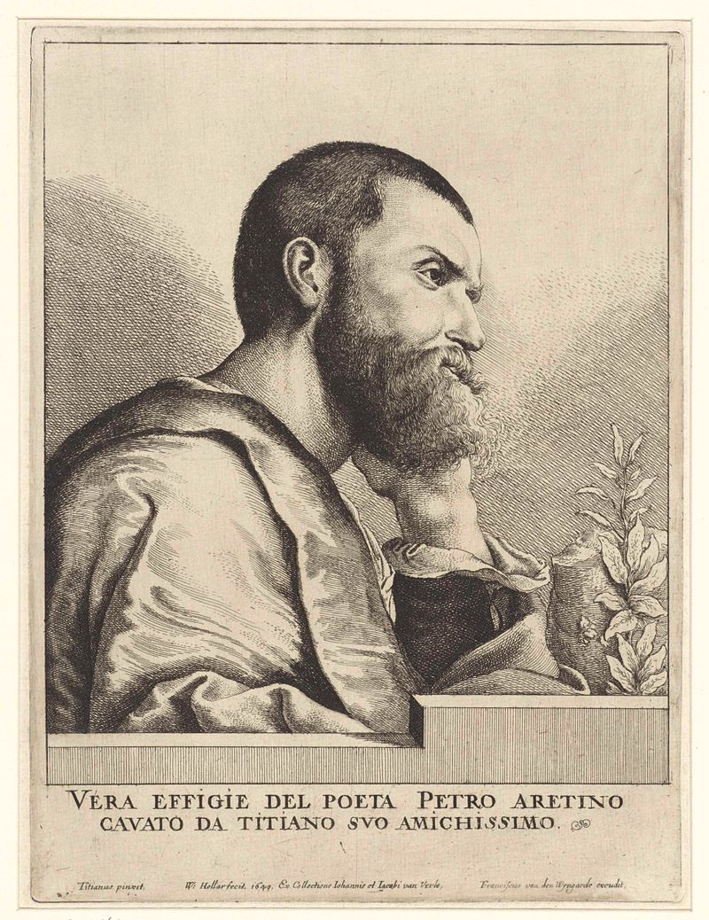 Gravura de Wenceslaus Hollar de Pietro Aretino com expressão sombria e detalhes intrincados.