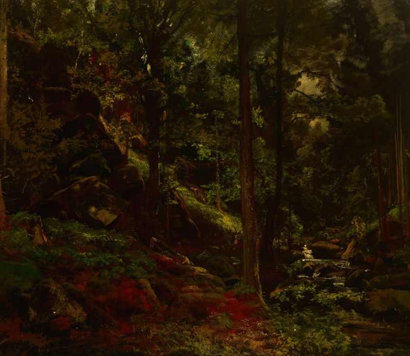 Stream in the Woods de Adolf Dressler, pintura a óleo que retrata uma paisagem florestal serena.