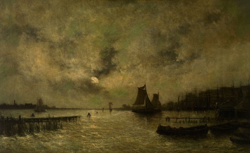 Seascape de Egide François Leemans, óleo sobre lienzo que representa un mar tranquilo y un cielo crepuscular