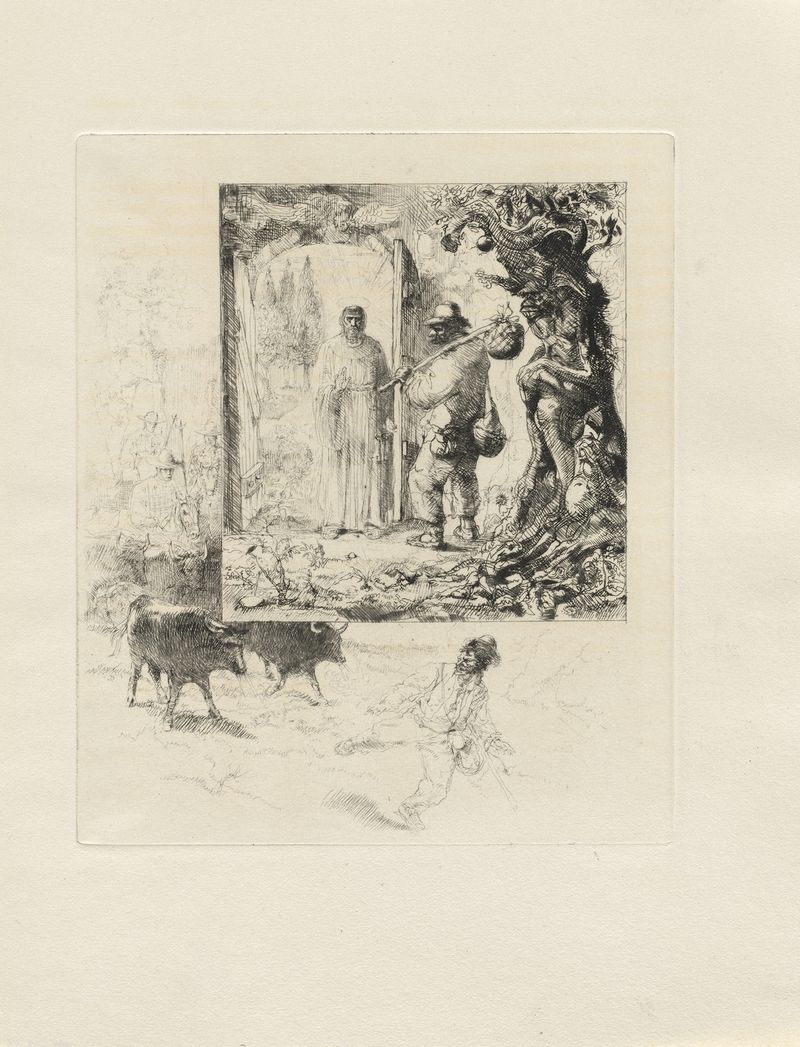Figurative etching by Auguste Brouet depicting introspection and shadows.