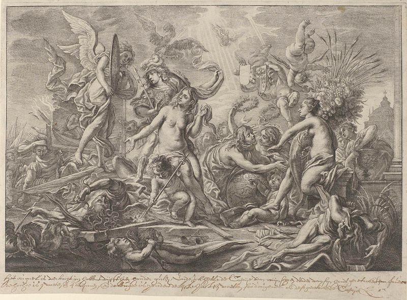 Allegorie op de Vrede van Westfalen, gravura de Wenceslaus Hollar retratando figuras serenas que representam a paz.