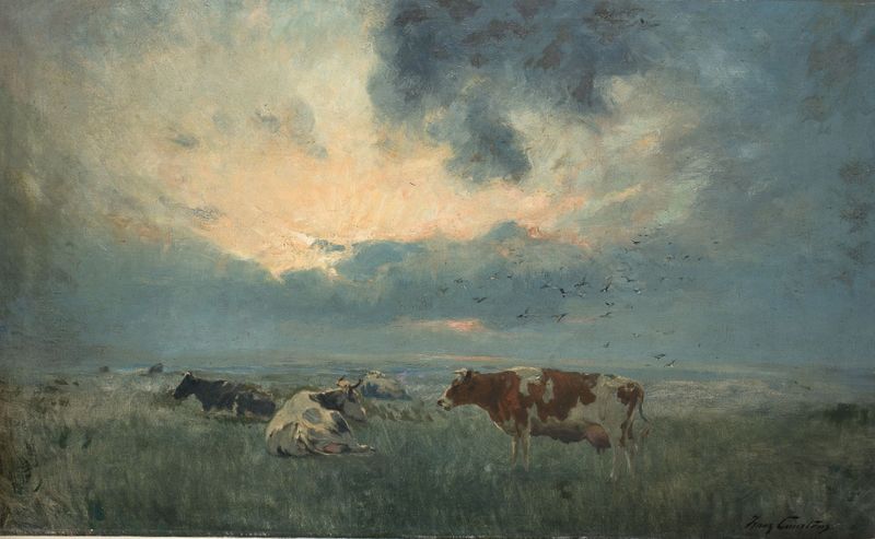 Vacas pastando en un prado, pintura al óleo de Franz Courtens