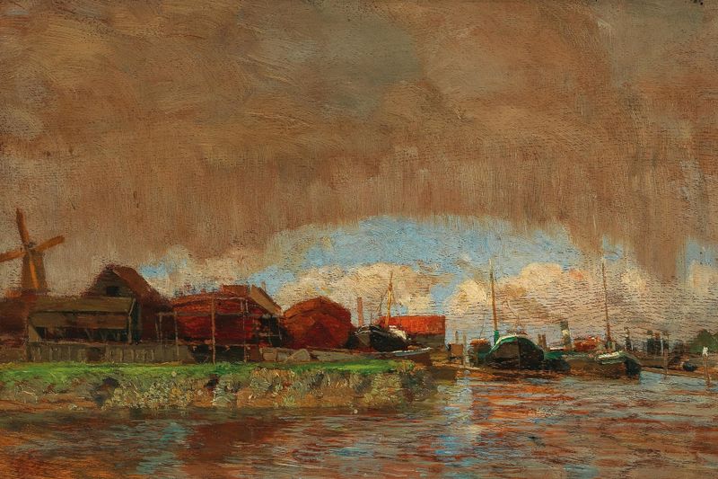 Lluvia y Sol, Dordrecht de Tina Blau, pintura al óleo que representa un paisaje con lluvia y luz del sol.