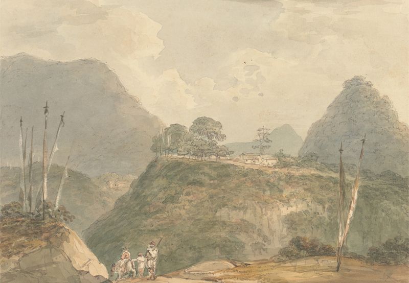 Oil painting by Samuel Davis depicting a village in Thibet