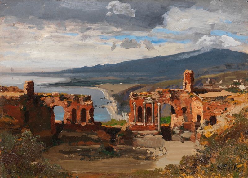 Blick vom antiken Theater in Taormina auf den Ätna by Carl Wuttke, oil painting depicting ancient ruins.