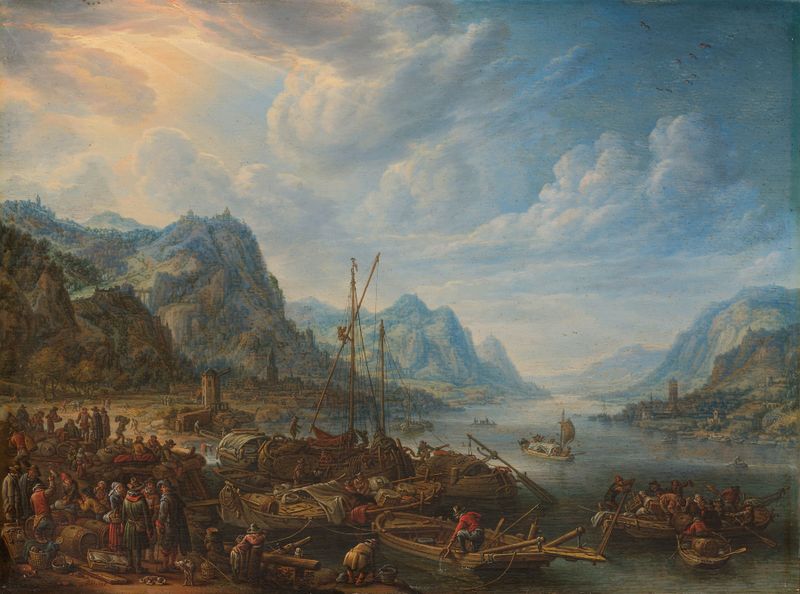 Riviergezicht met aanlegplaats by Herman Saftleven, depicting a serene riverscape in oil painting.