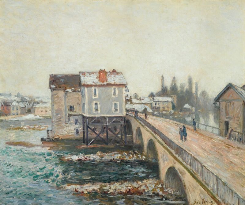 Le Pont De Moret Et Les Moulins – Effet D’hiver de Alfred Sisley, óleo de un paisaje invernal con un puente.
