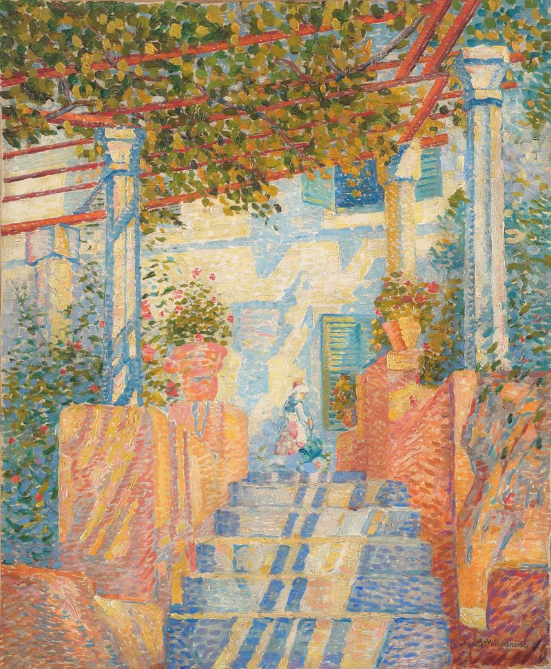 Paisaje expresionista de Milan Milovanović, Red Terrace, con vibrantes tonos rojos y tonos tierra.